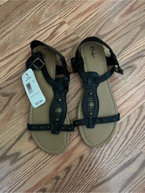 Curfew Black T-Strap Studded Sandals